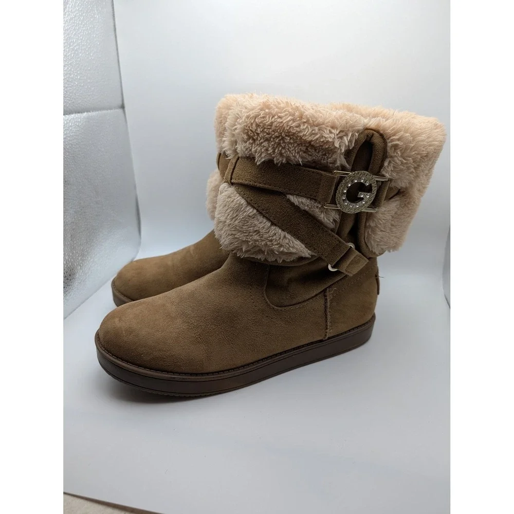 G by Guess‎ Aussie Chestnut Faux Suede Shearling Cuff Boots Womens 7M Rhinestone